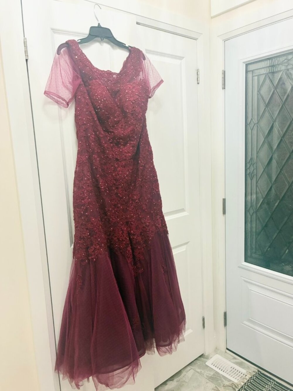 Dave & Johnny Burgundy Lace Evening Gown